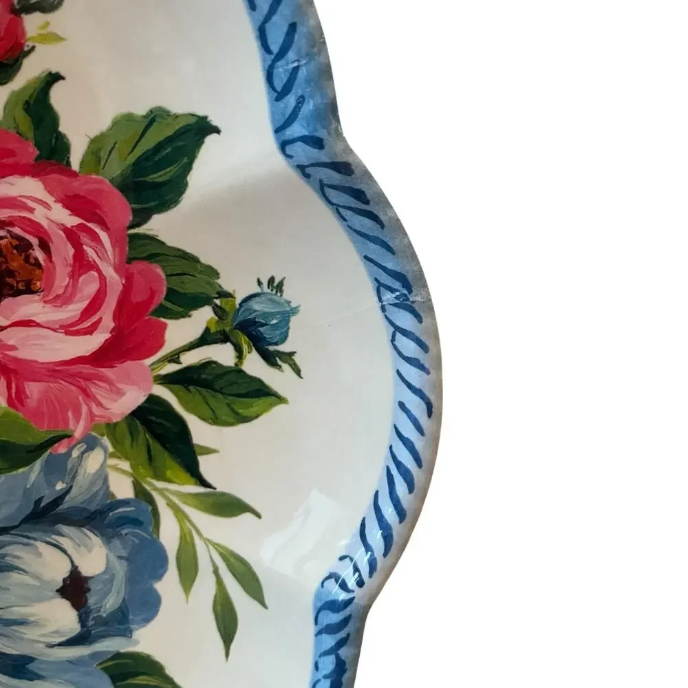 NEW Shabby Chic Floral Melamine Salad Plates 9in Set of 4 Scalloped Blue Border